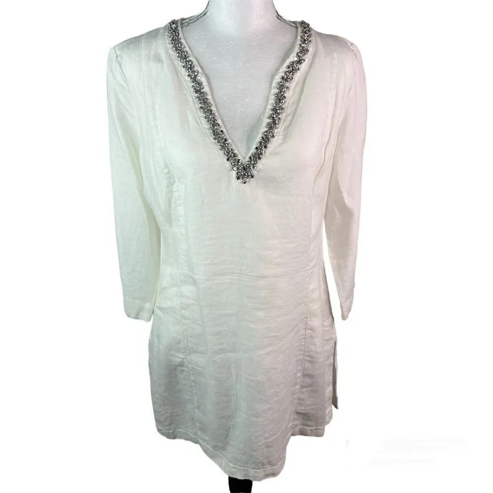 New! Malvin I Love Linen Rhinestone White V-Neck 3/4 Sleeve Tunic Top Sz Small